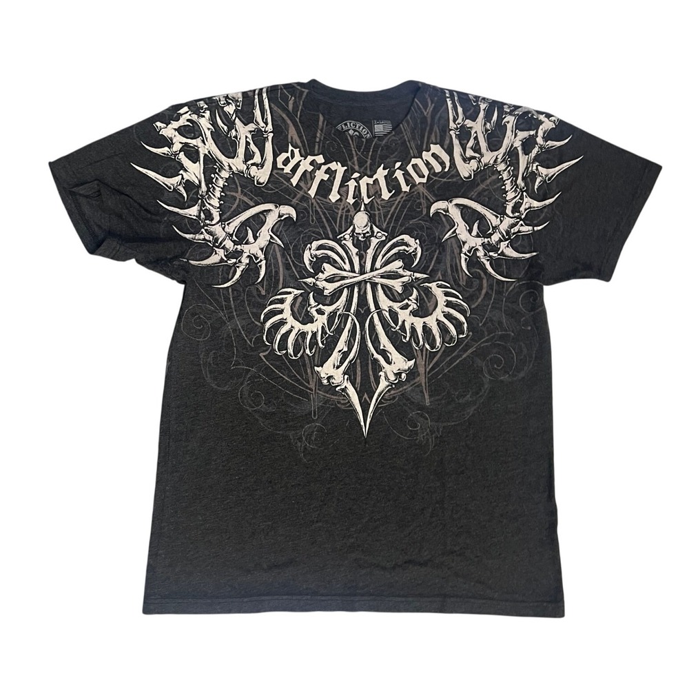 Affliction Mens XL Graphic T-Shirt Charcoal Gray Skull Bone Gothic MMA Biker AOP